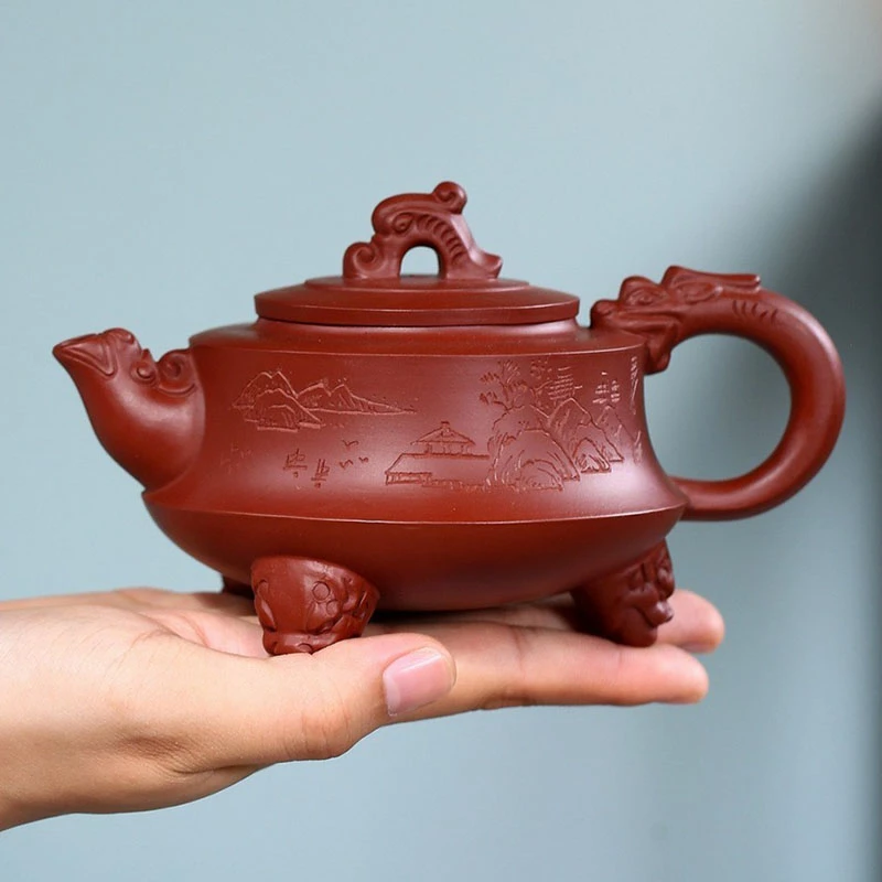 礼盒装大红袍三足龙鼎紫砂壶，宜兴原矿大容量纯手工大号全手工