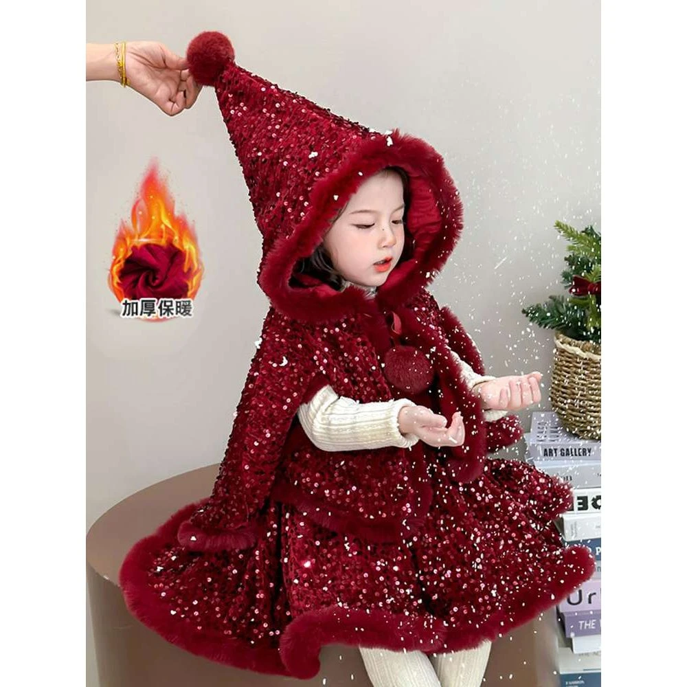 女童红色亮片加绒背心裙斗篷帽两件套女宝宝新年一岁宝宝女童白色