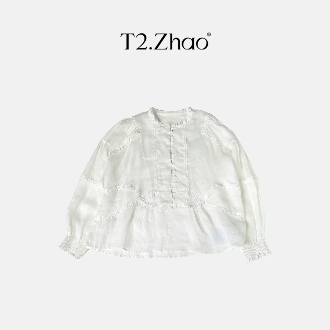T2.ZHAO [逸彩绮绣] 法式浪漫蕾丝拼接苎麻上衣9778
