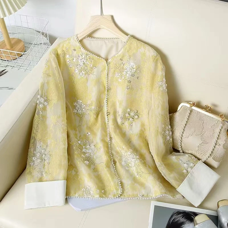 【璀璨星河】春夏2025新款新中式上衣女装圆领亮片绣花气质薄款外套