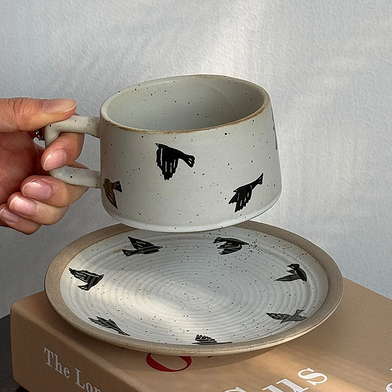 复古粗陶杏色燕子归咖啡杯碟小众高颜值下午茶水杯拉花拿铁杯礼物