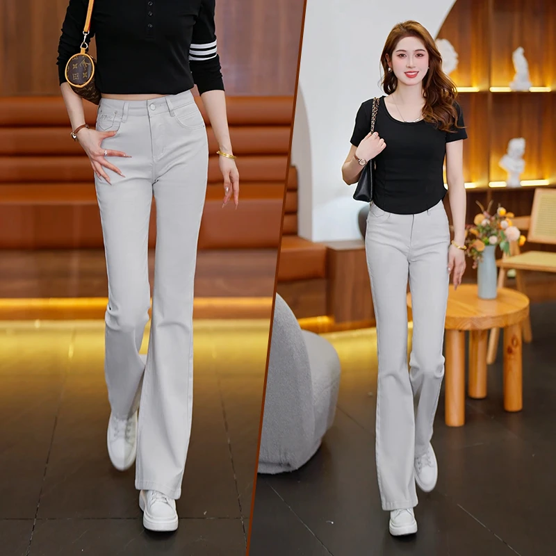 莫兰迪灰微喇牛仔裤女刺绣高腰2025春夏新款气质修身九分长裤