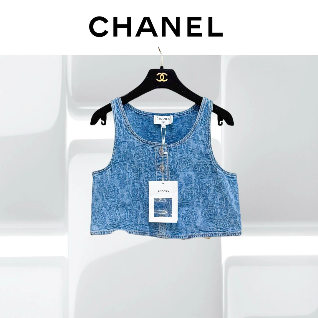 99新 Chanel/香奈儿 36码23P春夏预告山茶花图案短款牛仔背心