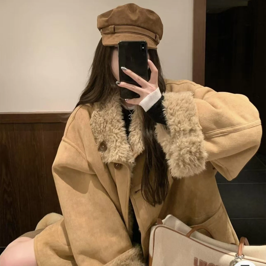 美拉德两面穿毛外套女中长款一体机车服加厚保暖大衣