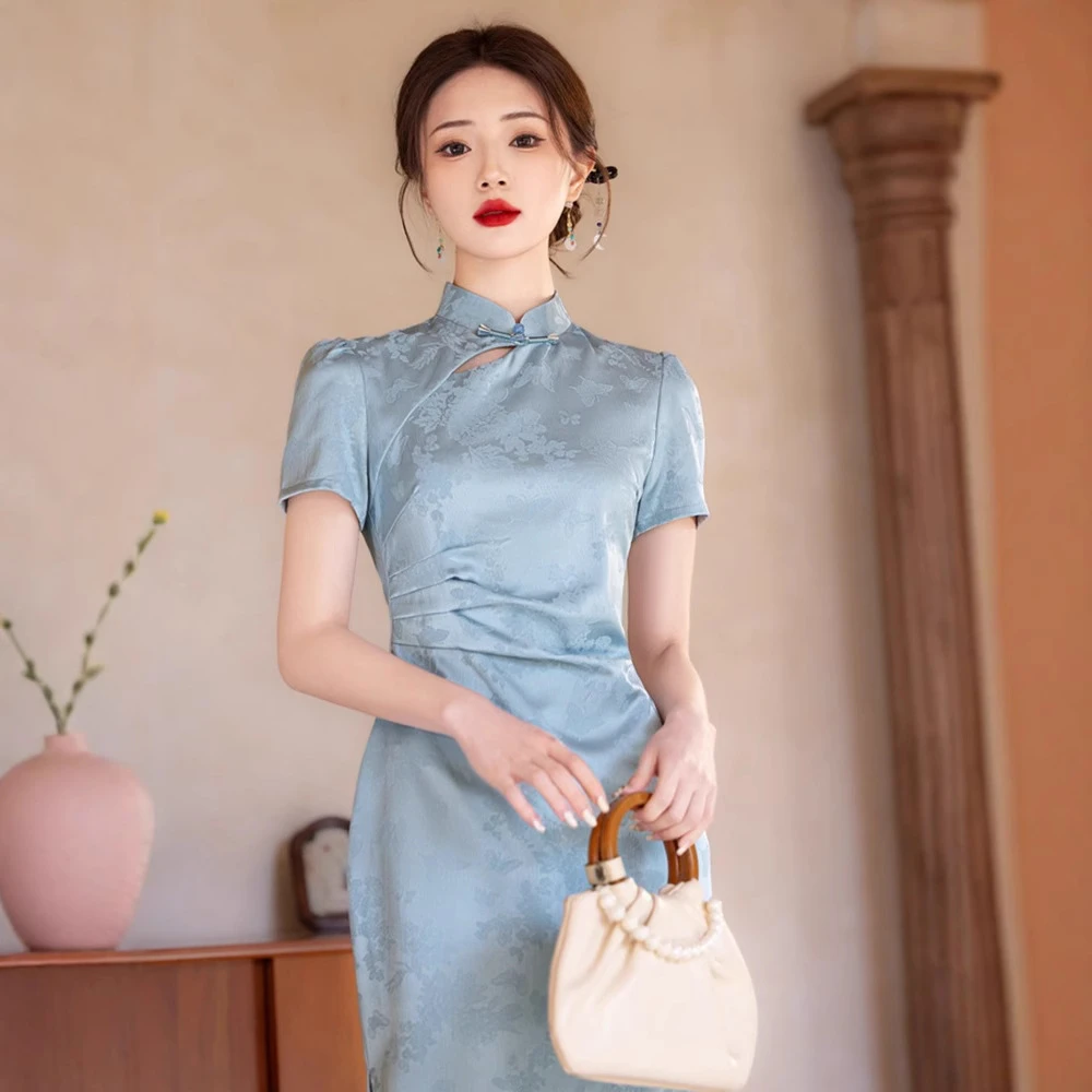 【云蓝序】新中式复古改良旗袍女夏季暗纹提花短袖连衣裙