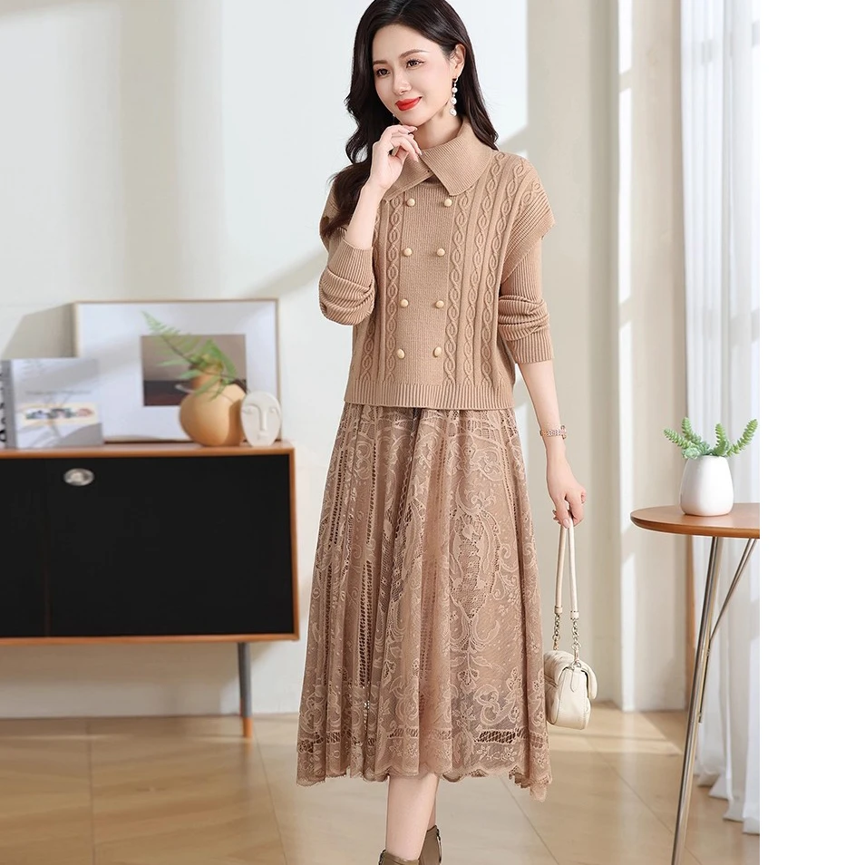 10.30早预告款秋冬新款蕾丝拼接针织连衣裙马甲两件套装NTS683171