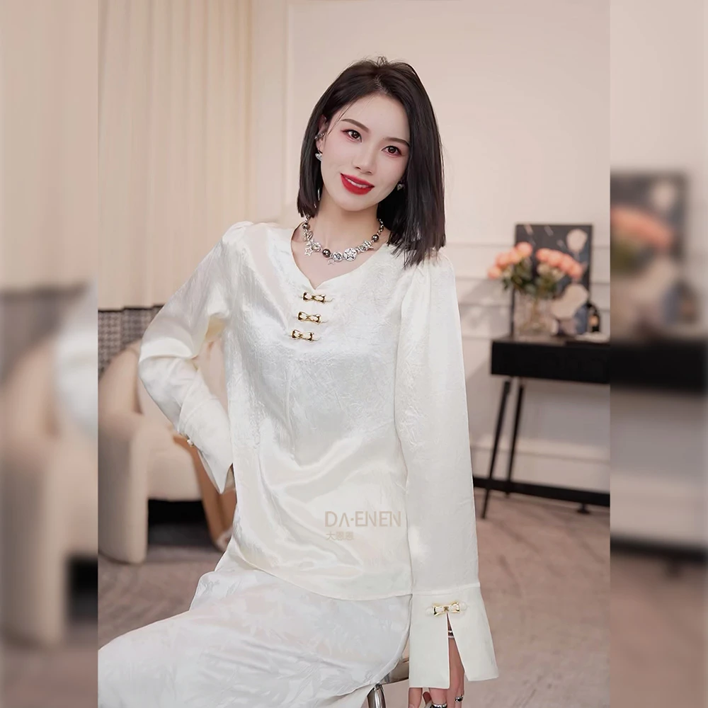 【仙梦】早春2024新款中式洋气别致圆领盘扣简约百搭衬衫F9080