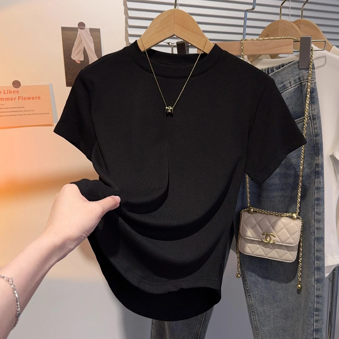 短袖T恤女2025年夏季黑色小圆领螺纹收腰修身百搭洋气上衣打底衫