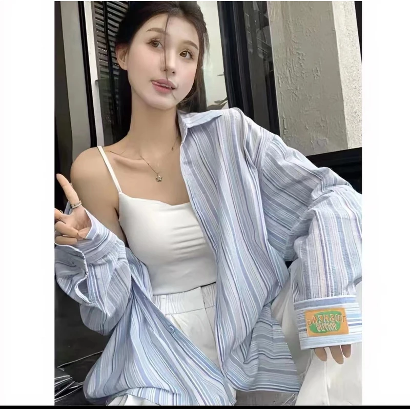 小清新条纹衬衫夏季休闲防晒衬衫外套上衣女