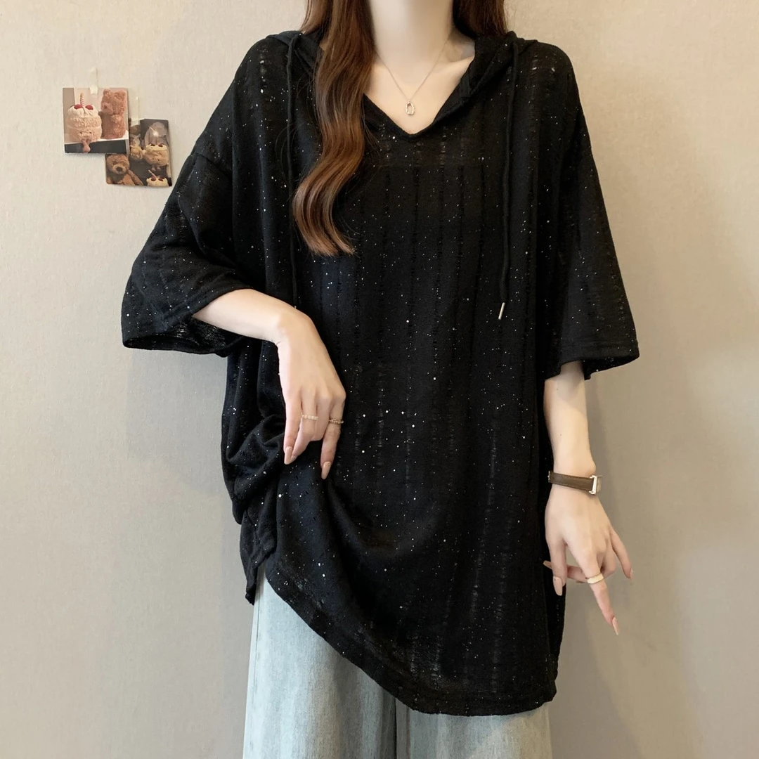 大码中长款连帽正肩短袖女t恤夏胖mm宽松显瘦亮片设计感镂空上衣