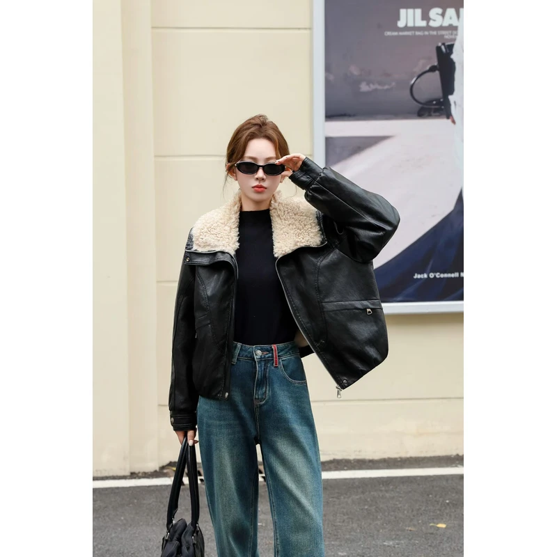 【锦衣服饰】OM 9910欧货拼接大翻领拉链加绒短款皮外套