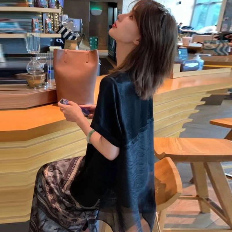 黑色网纱拼接醋酸短袖t恤女2025新款夏季高级感宽松显瘦气质上衣