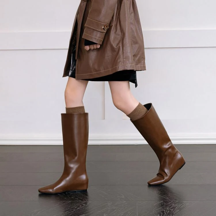 巴黎街头~！4cm真皮方头内增高大筒围骑士靴女时尚百搭气质长靴子