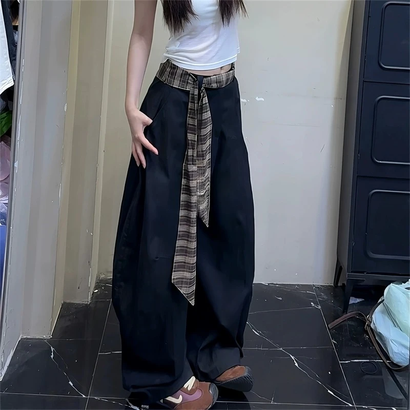 2025夏季新款时尚休闲裤女百搭显瘦格子腰带女A字弯刀拖地长西裤