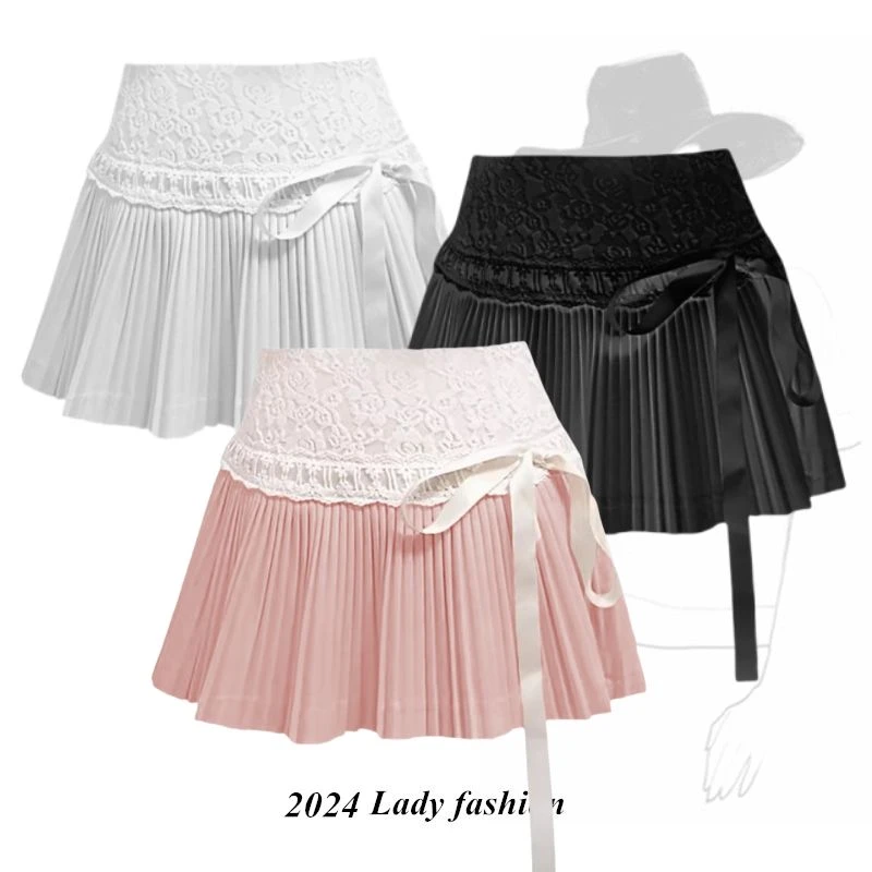 褶皱高腰百搭精致甜美蕾丝拼接系带百褶裙短裙白色显瘦显瘦防走光
