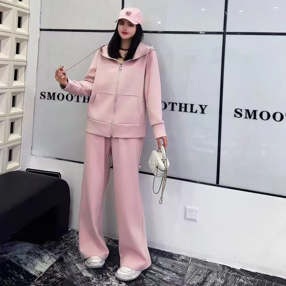 1791-C-韩版显瘦气质遮肚糖果色显瘦连帽外套加阔腿裤休闲两件套