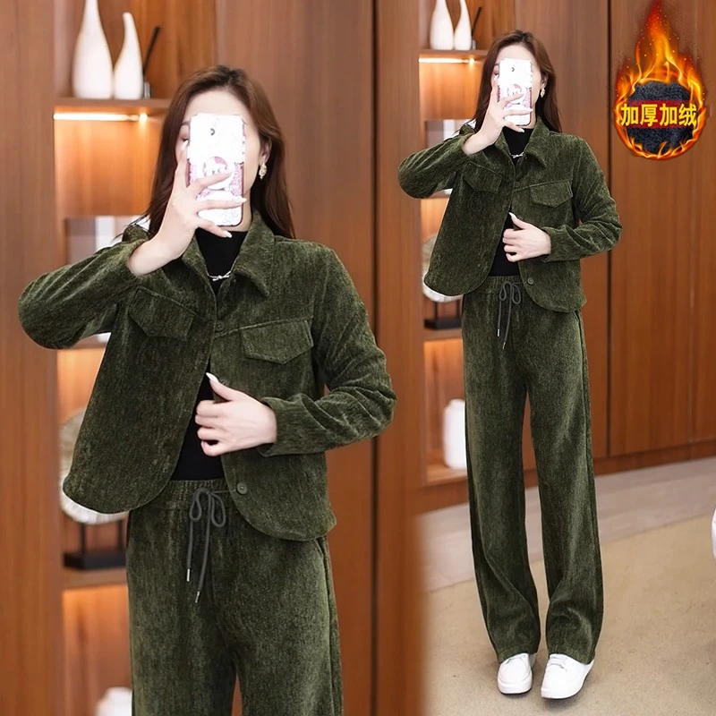 拉夏贝尔小个子加绒加厚套装女2025冬季新款显瘦翻领直筒裤两件套