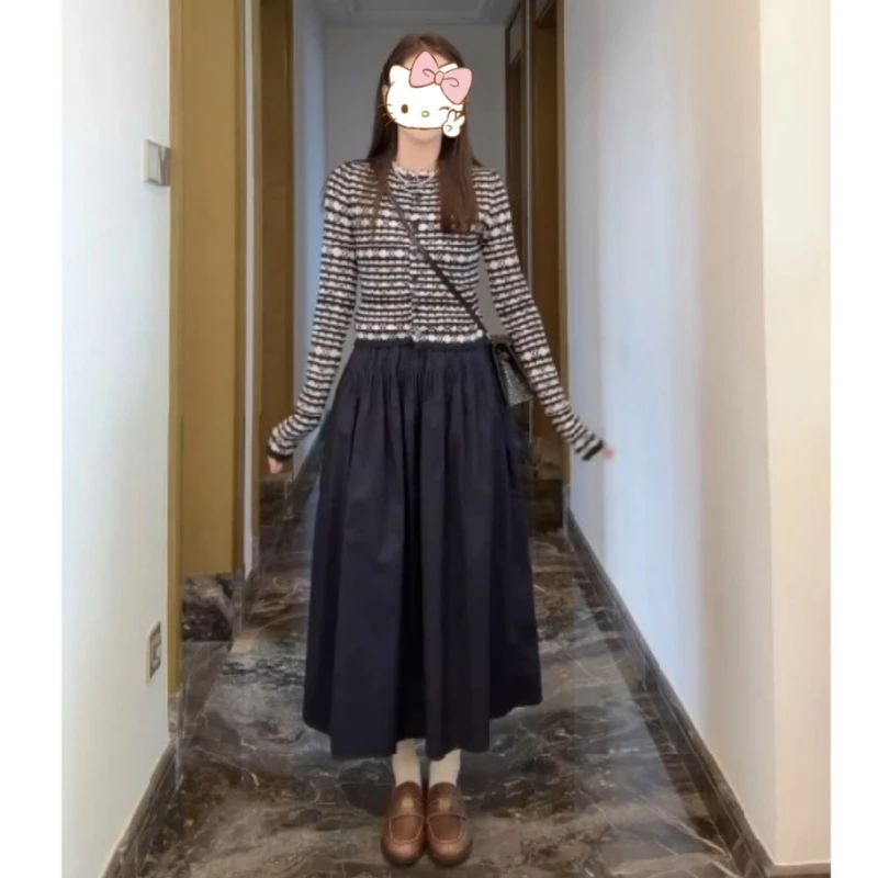 新款时尚百搭条纹开衫长袖毛针织衫+温柔风百搭半身裙LK2506035