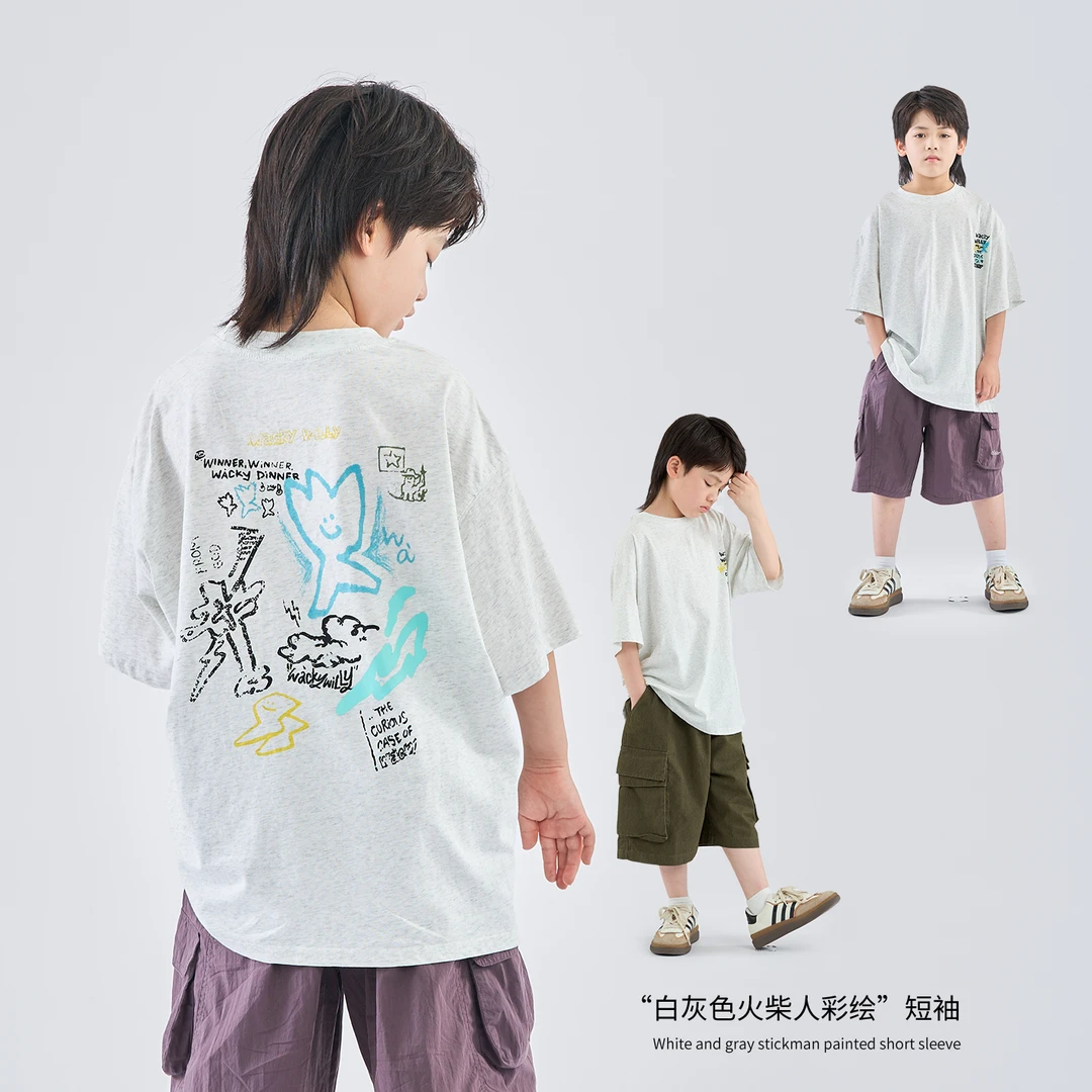 MT原创童装日系男童白灰色火柴人彩绘短袖t恤夏季新款印花中大童
