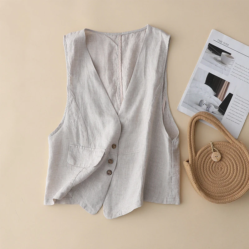 100%纯亚麻休闲透气百搭马甲文艺薄款春秋马甲短款显瘦夏季马夹