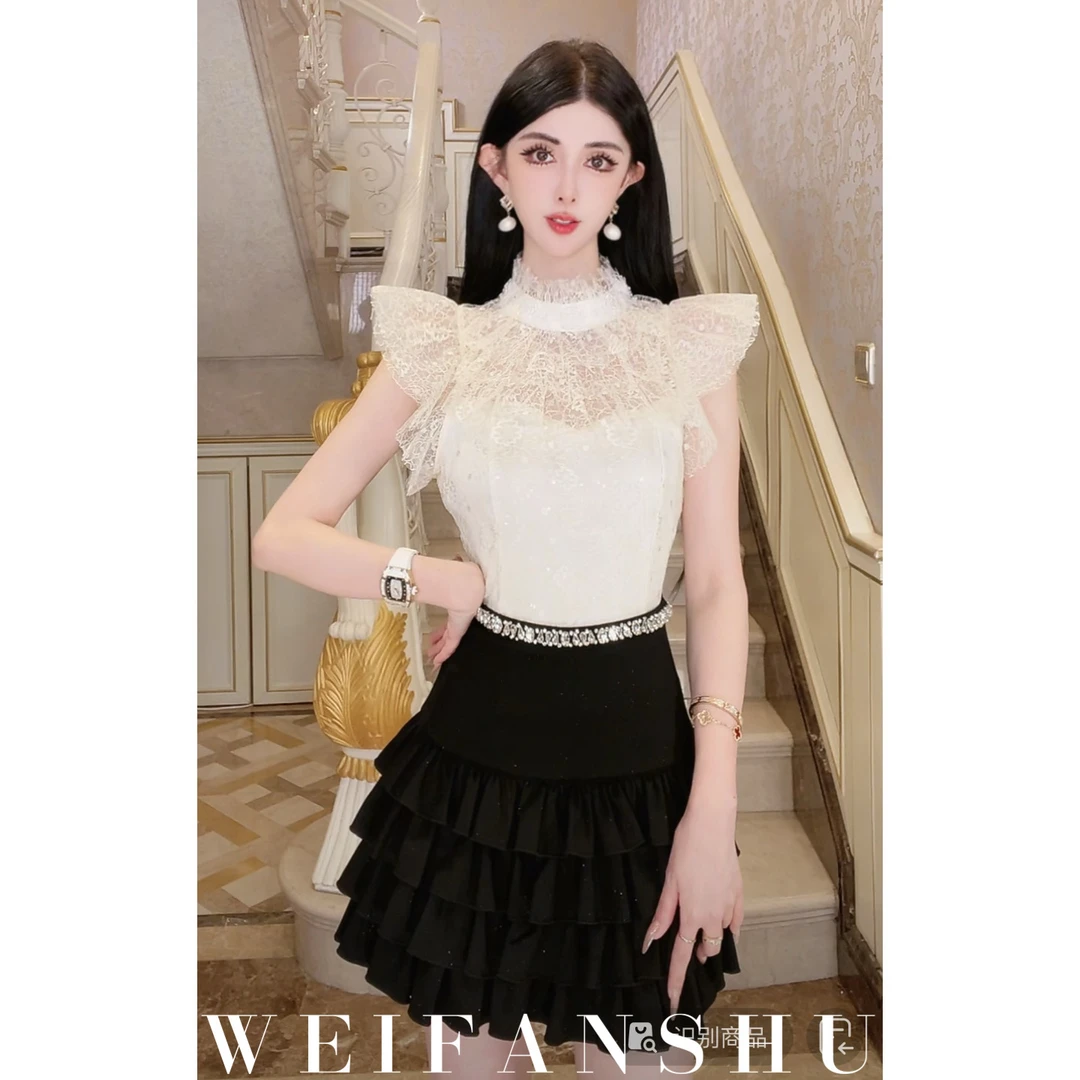 WEIFANSHU/魏凡舒【蕾丝美梦】春夏新款名媛气质蕾丝拼接小飞袖上衣