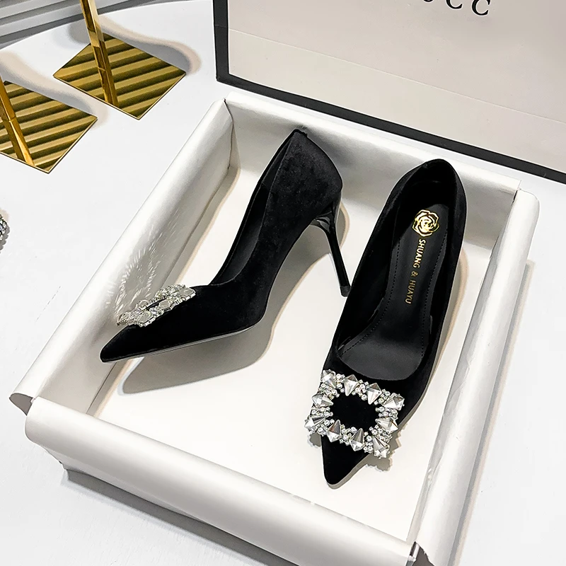 羊皮绒面法式尖头细跟高跟鞋水钻气质黑色工作鞋通勤百搭秋季单鞋