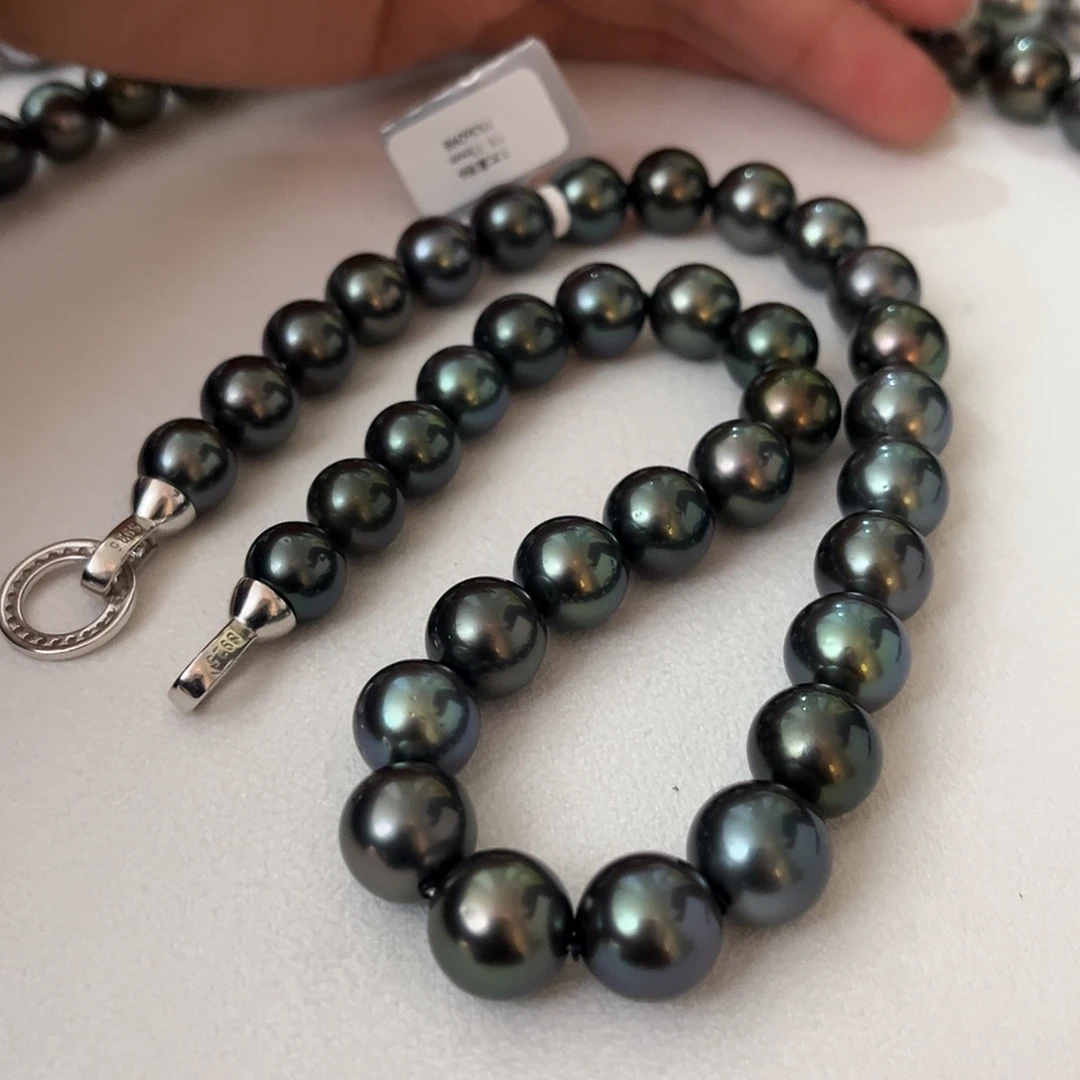 银S925镶嵌海水珍珠颈饰孔雀绿11-13