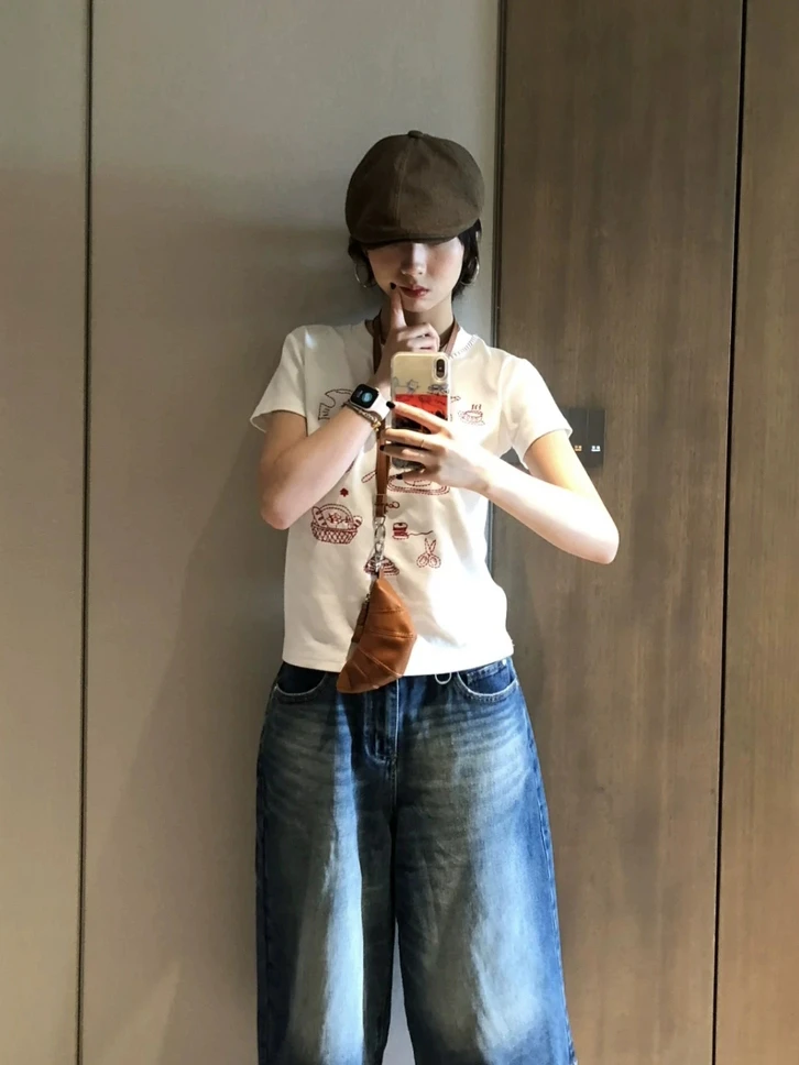 美式复古风卡通字母刺绣正肩短袖新品圆领小众设计纯棉T恤#S3204