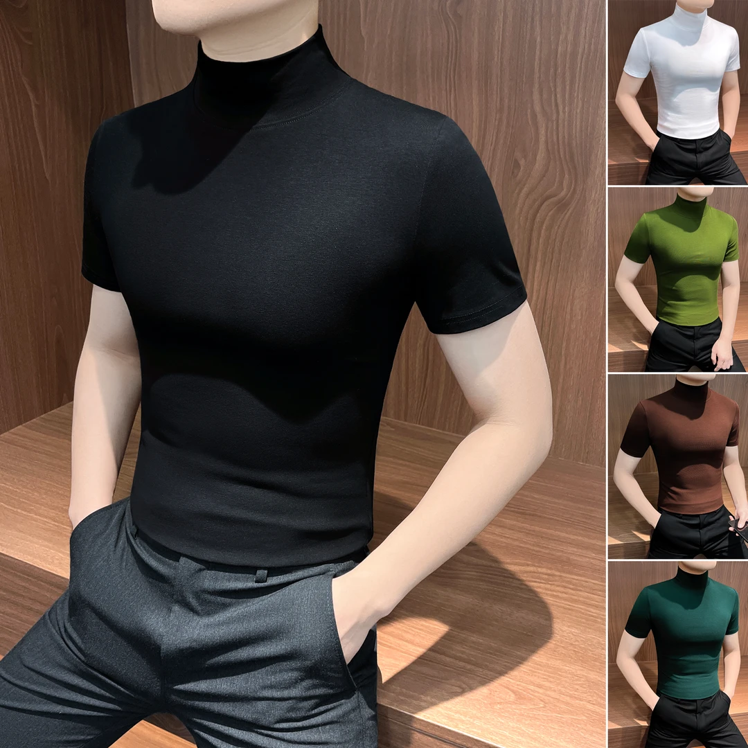 半高领短袖t恤男款爆款2025新款秋冬网红痞帅男装休闲男士打底衫