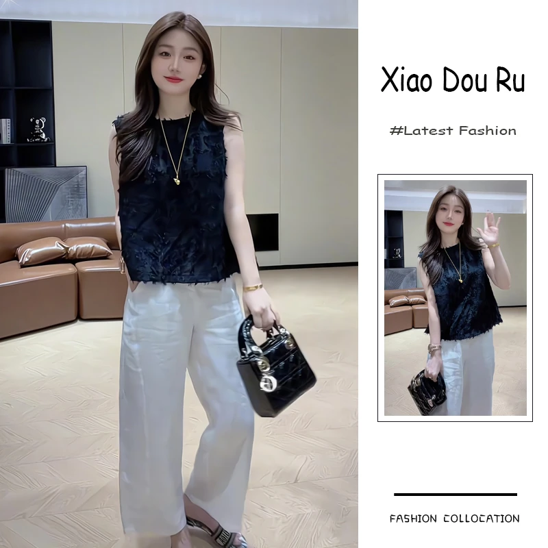夏季流行穿搭一整套新款2025韩系高级感流苏无袖上衣阔腿裤两件套
