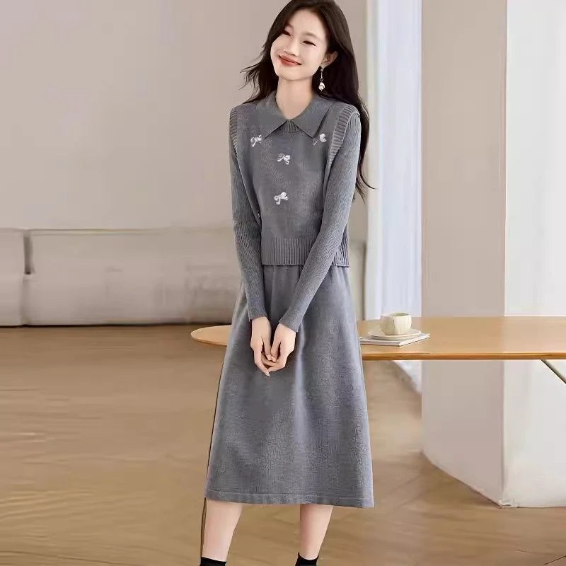 翻领时尚套装针织冬季连衣裙女两件套百搭长裙宽松显瘦百搭高级感