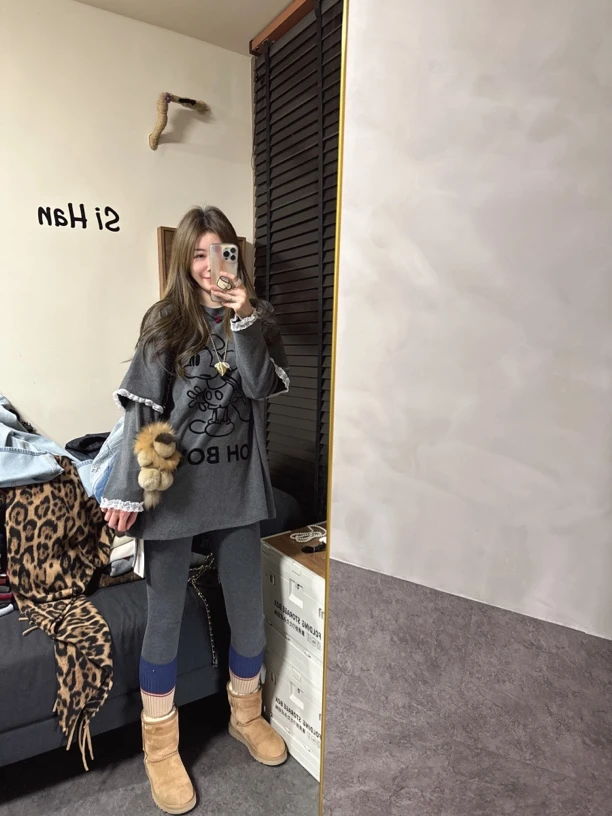 【思含】拼接宽松蕾丝花边假两件洋气卫衣