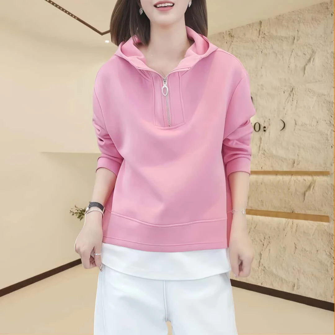 秋季连帽假两件长袖卫衣外套女2025时尚洋气宽松显瘦休闲百搭上衣