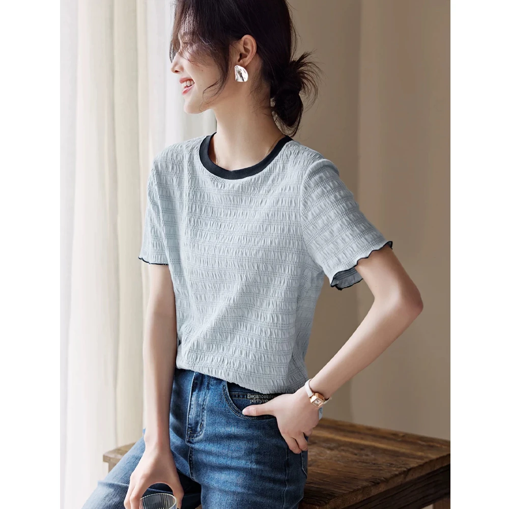 夏季新款修身圆领正肩短袖拼接撞色减龄T恤衫木耳边设计感上衣女