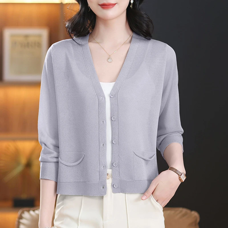 桑蚕丝针织开衫女夏季薄款防晒外搭短款披肩外套七分袖上衣配裙子