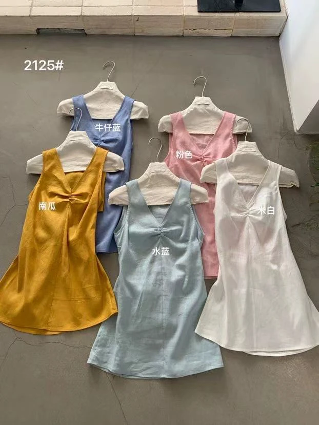 imiss@2125 韩系设计感V领打褶露背无袖小衫(90亚麻）6-26