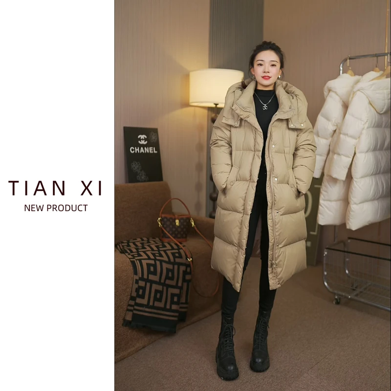 现货90白鸭绒中长款羽绒服女2025年冬季加厚过膝宽松韩版外套