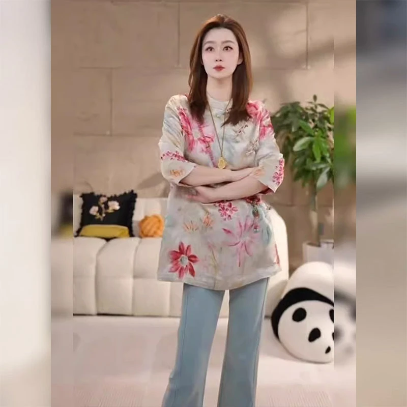 2025年爆款设计感宽松复古风印花长袖斜襟衬衫新中式国风上衣女夏