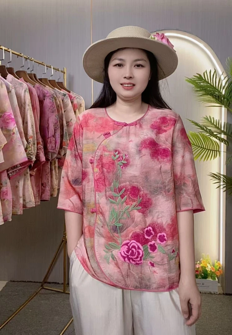 国风苎麻印花撞色盘扣茶服上衣女2025夏季新款新中式休闲宽松小衫
