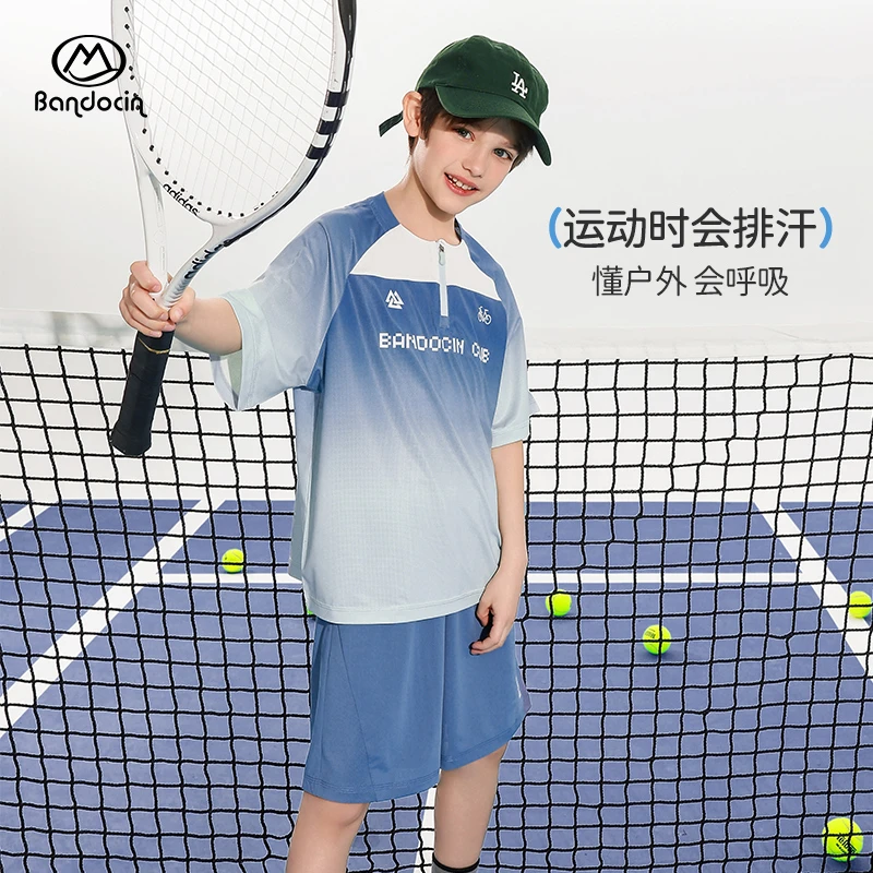 BANDOCIN男童足球服套装夏季半开领透气户外运动宽松中大童两件套