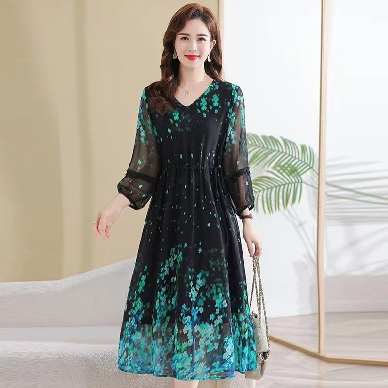妈妈装连衣裙丝缎高工艺直喷中长袖女装【荧光飞舞】PS