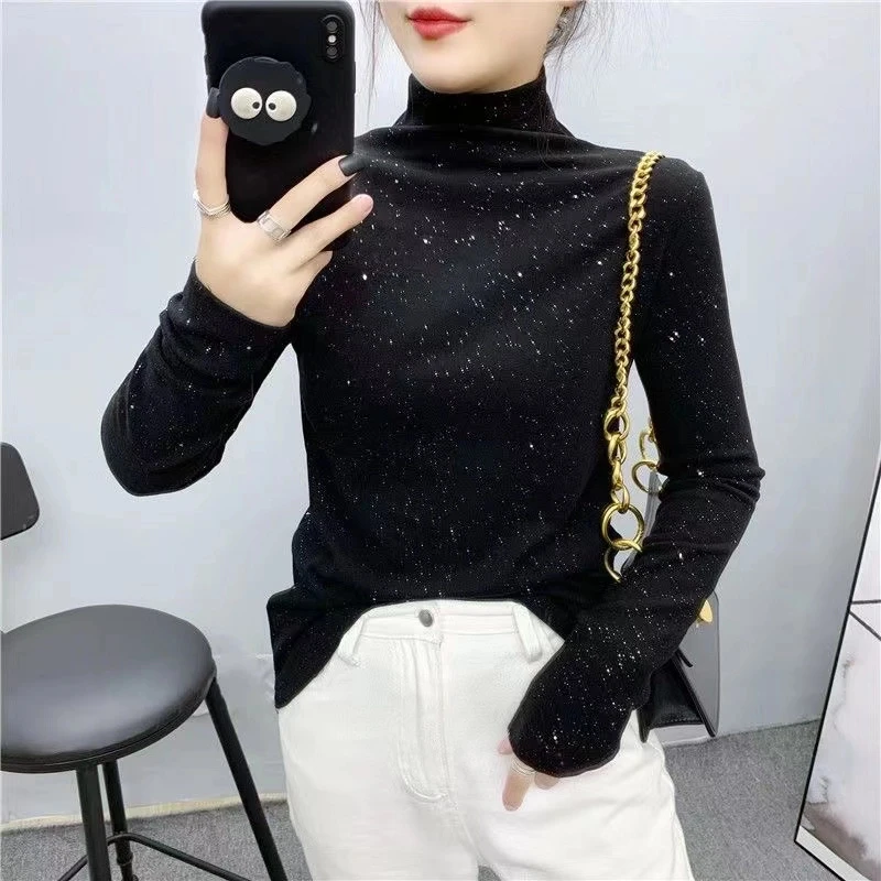 Y968半高领德绒亮片秋冬新款打底衫修身网红百搭长袖上衣女