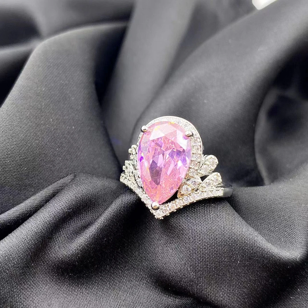 粉水晶轻奢水滴皇冠戒指C1315-赠包装合金