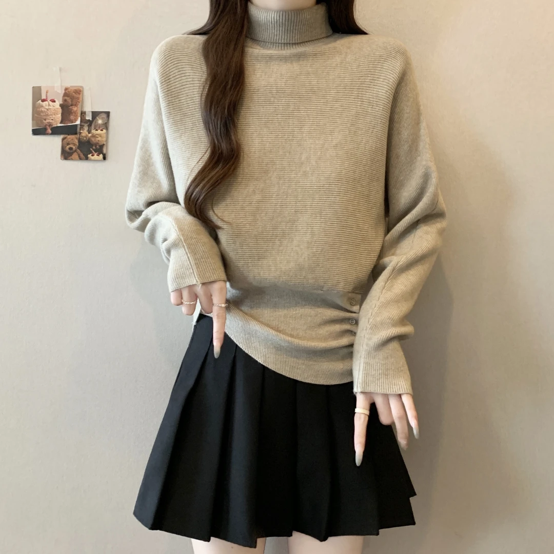 大码遮肚子设计感高领毛衣针织衫女秋冬胖mm收腰显瘦内搭打底上衣