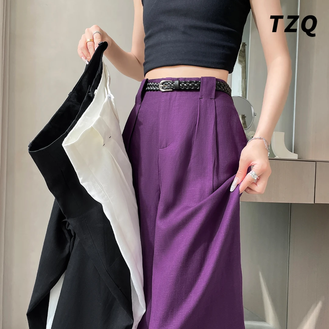 紫色亚麻阔腿裤女夏季2025薄款高腰垂感宽松显瘦休闲裤TZQ2561144