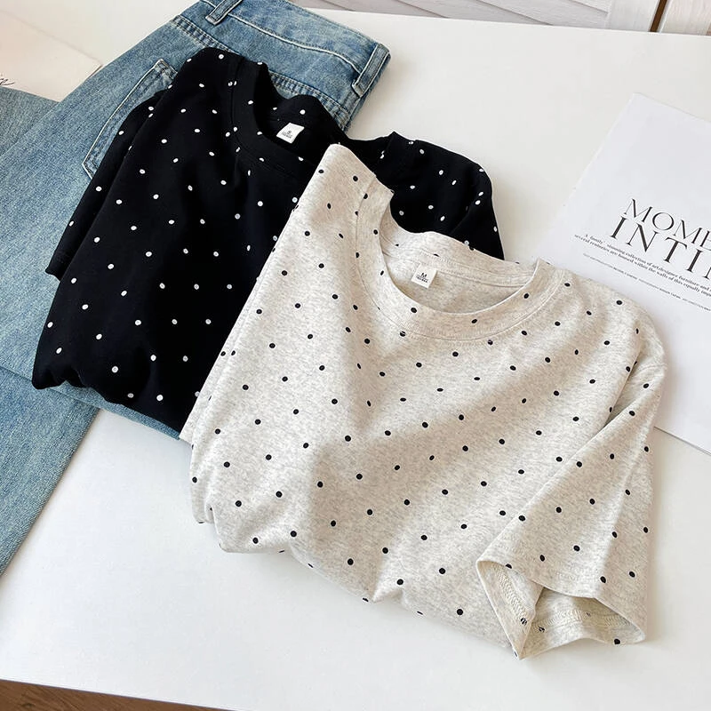 【波点】夏季新款气质简约T恤小个子洋气休闲短袖宽松chic上衣女装