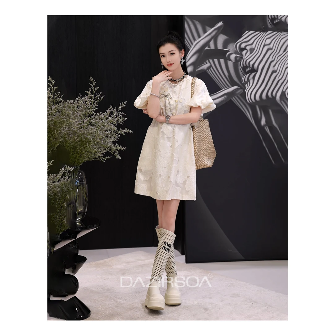 “如意相伴”时尚百搭蝴蝶结立体提花气质连衣裙 Y533