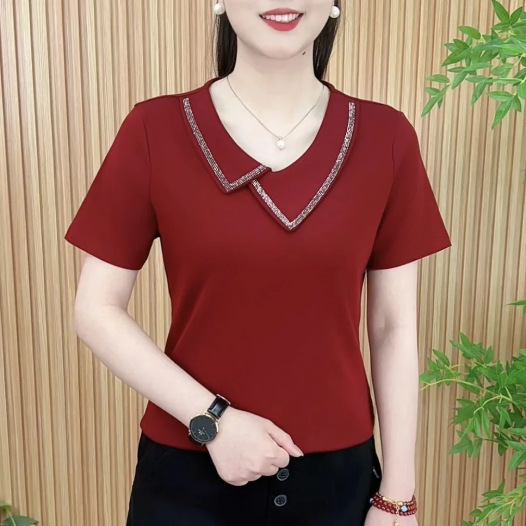303新款夏季烫钻短袖不规则领口T恤妈妈装气质纯色显瘦中老年洋气