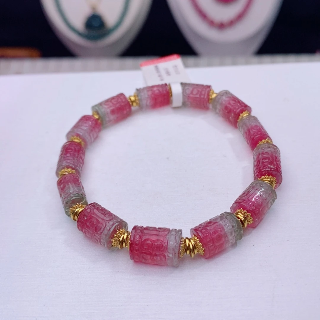 18K金镶嵌手链碧玺回纹桶珠手链yy