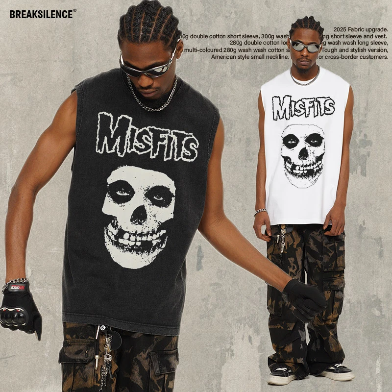 2025夏季Misfits美式重磅高街洗水坎肩背心t恤透气印花男背心